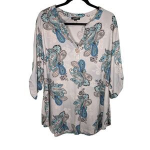 Lienridy Paisley Print 3/4 Sleeve V Neck Stretch Casual Tunic Women's Top 2XL